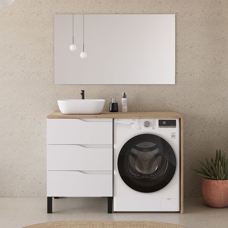 Meuble lave linge 124cm avec plateau miel et vasque arrondie - 3 tiroirs - blanc/madera miel (chêne clair) - SANTA (1/5)