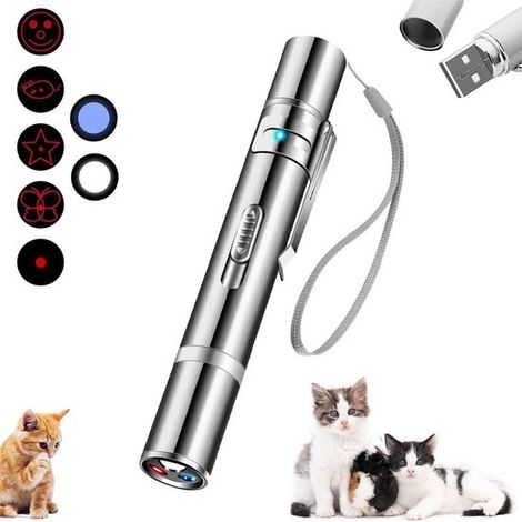 Wiederaufladbares Katzenlaserspielzeug per USB, 5-in-1-Laserpointer mit 5 Mustern und Trageband, interaktives Haustierspielzeug für Katzen und Hunde im Innenbereich, silber.