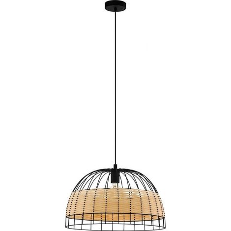 Lámpara colgante Eglo Anwick Forma Esférica Ø 50 cm. Salón y comedor. Estilo retro y vintage. Acero y Ratán. Color negro y natural (1/2)