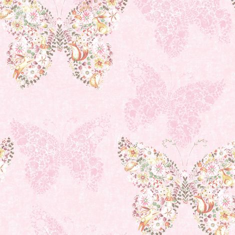 Enchanted Butterfly Wallpaper Pink Multicoloured Floral Animals Kids Bedroom (1/4)
