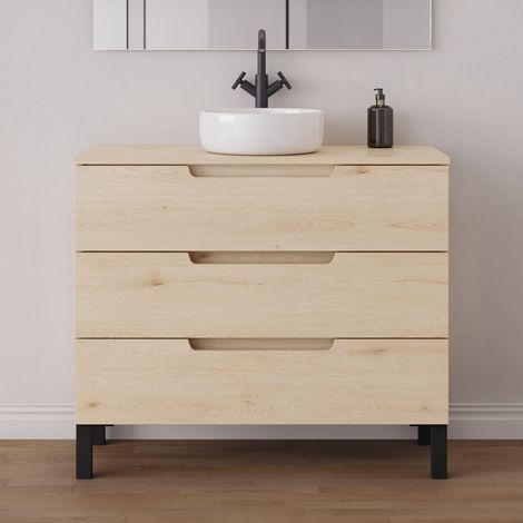Meuble de salle de bain 90cm avec plateau et vasque à poser ronde - sans miroir - 3 tiroirs - roble calima (bois clair) - RIZA (1/5)