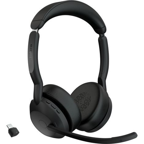 Jabra Evolve2 55 Auricolare stereo senza fili con tecnologia Jabra Air Comfort, microfoni a cancellazione di rumore e ANC, per piattaforme UC come Zoom e Google Meet, Nero (1/3)