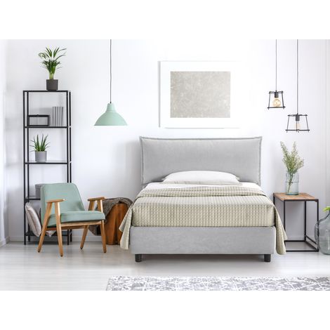 EVERGREENWEB Letto Contenitore Piazza e Mezzo, Rete Doghe Legno, Materasso Sfoderabile e cuscino in memory Elegante Testiera Tessuto Imbottito SFODERABILE color Ghiaccio Ideale per Camera da Letto (1/3)