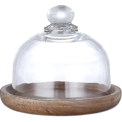 Cloche en verre avec base en bois, présentoir à gâteaux miniature, cloche de présentation en verre transparent.
