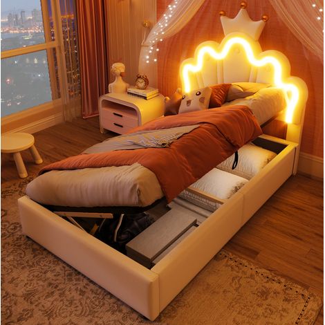 Cama tapizada de PU blanca 90x200 cm con arcón hidráulico, LED y cabecero ajustable (1/5)