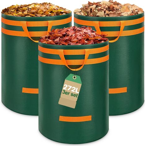 Lot de 3 sacs à déchets de jardin stables de 272 l - Avec poignées - Autoportants - Grands sacs à déchets de jardin - Sacs de coupe verts - Sac à déchets pour herbe, feuilles, déchets de jardin (1/5)