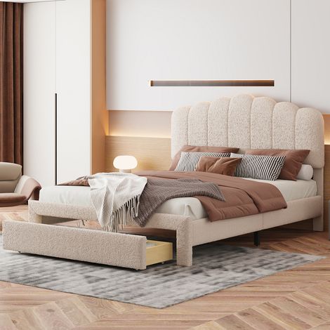 Lit enfant capitonné 140x200 cm, lit double, cadre de lit en tissu peluche doux pour la peau avec rangements, Beige (1/5)