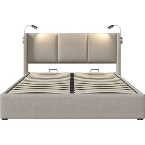 Polsterbett Doppelbett Stauraum Bettkasten Leselicht mit USB Ladefunktion Kopfteil,Stauraumbetten Bettgestell PU Jugendbett (Ohne Matratze)