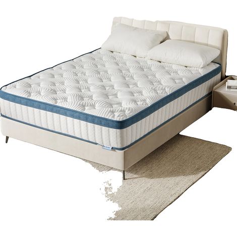 Matelas, Ressort Ensaché, Support Ergonomique, Blanc et bleu, 140x200x22cm, BLANC (1/2)