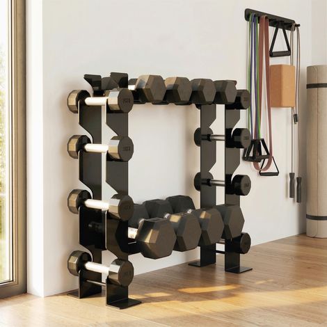 Support à haltères en acier à 4 niveaux, capacité 200 kg, 70 x 21 x 55 cm, noir (1/5)