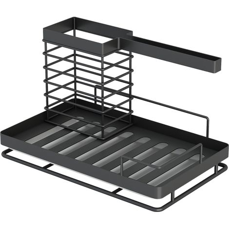Organiseur d'évier de cuisine avec bac d'égouttage. Porte-éponge et torchon intégrés, finition antirouille noire (1/5)