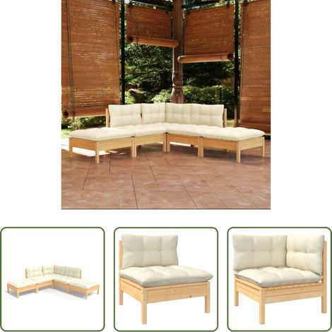 Holzgartenmöbel - 5-tlg. Garten-Lounge-Set mit Creme Kissen Kiefernholz (1/5)