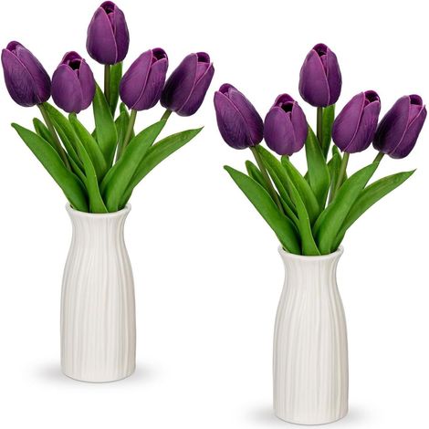 Kunstblumen Künstliche Tulpen Real Touch 30 cm Vase Keramik Deko Violet (1/5)