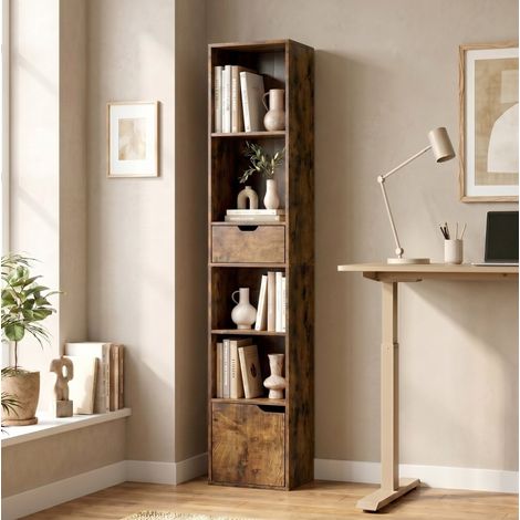 Bibliothèque 6 niveaux avec tiroir, porte et étagère réglable, 30 x 24 x 158 cm, brun DESVIAE (1/5)