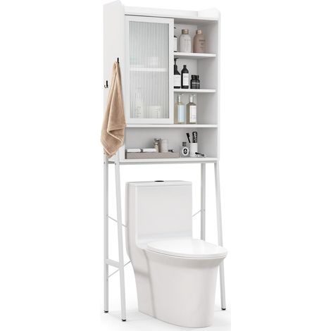 Goplus – Armoire de rangement au-dessus des toilettes – Porte coulissante – 3 étagères réglables – Cadre en métal – 63 x 29 x 170 cm – Blanc (1/4)