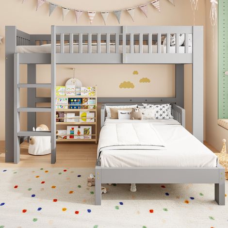 Lit superposé 90x200 cm bois massif avec barrière de sécurité - Lit modulable enfant, convertible en lits simples - style moderne Gris
