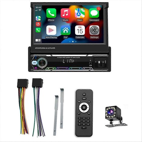 Autoradio simple DIN 7 pouces pliable manuellement, compatible Android Auto et Carplay sans fil, avec caméra de recul, Mirror Link et radio AM/FM. (1/5)