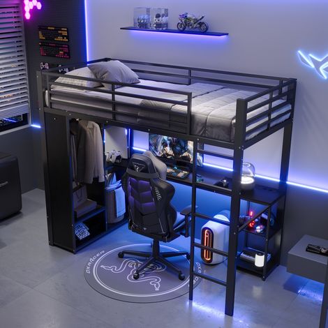 Lit mezzanine 90x200 cm avec bureau rangements LED USB Type C lit enfant avec sommier à lattes en MDF et métal noir (1/5)