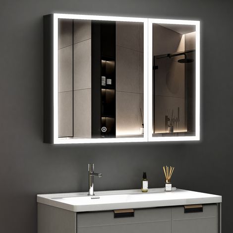 LED Spiegelschrank mit Beleuchtung 80x60x12,5cm Badezimmerschrank, Bad Metall Badschrank Spiegel Kabinett mit 3-Farben Dimmbar, Touch (1/5)