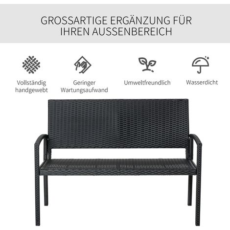 Banc de jardin, effet rotin, cadre en acier, pour 2 personnes, noir, 122 x 60 x 85 cm (1/5)