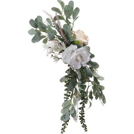 4 pièces ornements floraux pour dossier de chaise, fleurs artificielles blanches avec feuillage et ruban, mariage cérémonie fête (1/4)