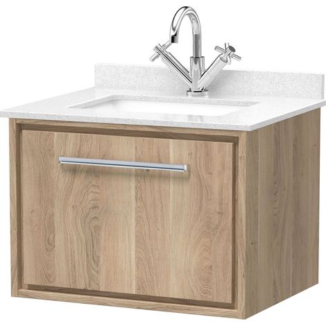 Longnor 1 Drawer Wall Hung Vanity Unit with Square Basin and Marble Worktop, Light Oak, 600mm