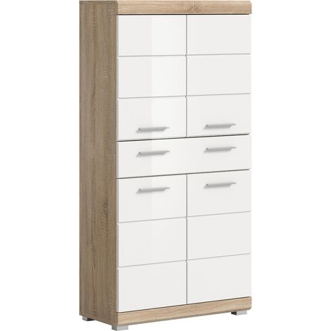 Lambada Hochschrank Bad 4 Türen, 1 Schublade Weiß hochglanz, Eiche Dekor.