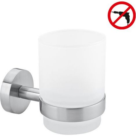 tesa MOON Zahnputzbecher mit Halterung - Becher aus satiniertem Glas, verchromte Wandhalterung - zur Wandbefestigung ohne Bohren, inkl. Klebelösung - 109 mm x 70 mm x 96 mm (1/5)