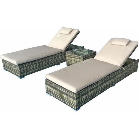 Signature Weave Jessica Wicker 2 x Sun Lounger Chair &Side Drinks Table Brown (1/2)