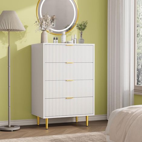 Commode de Chambre à 4 Tiroirs, Commode en Bois Moderne à Façade Cannelée, Table de Chevet 60x40x94 cm avec Poignées, Pieds en Métal, pour Chambre, Salon, Entrée (1/5)