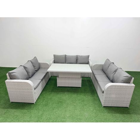 Fimous PE Rattan Lounge Sofa Set 9 Seater Outdoor Garden Furniture Set with Adjustable Lifting Dining or Coffee Table 3 Seater Sofa Light Grey (1/5)