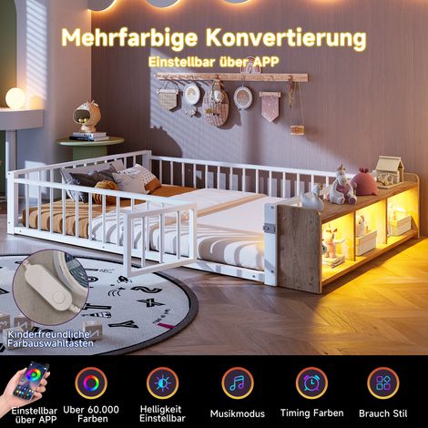 Lit plateforme en métal 140x200 cm, cadre en fer robuste, lit enfant avec barrière de sécurité, sans matelas, rangements intégrés, bande LED, blanc (1/5)