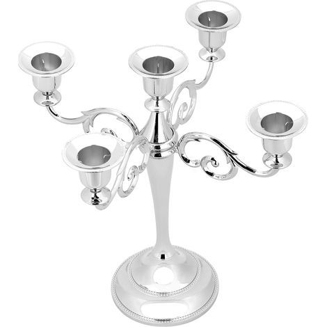 5-armiger Metall-Kerzenständer, europäischer Stil, dekorativer Kronleuchter im Vintage-Stil für Abendessen bei Kerzenschein, Hochzeiten, Partys, Weihnachten, 26 x 26,5 cm (silber) (1/5)