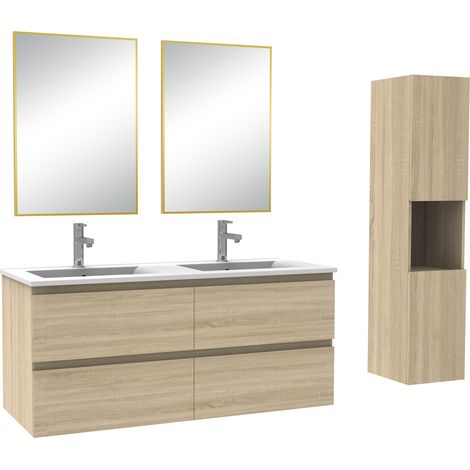 Ocean Ensemble de Meuble de Salle de Bain Double Vasque 120 cm + Colonne +Miroir Chêne Wotan