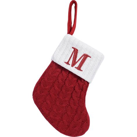 Chaussette De Noël - Tricotée En Laine - Initiale Brodée - Pour Arbre De Noël Et Cheminée - 18 X 15 Cm - 1 Pièce (1/5)