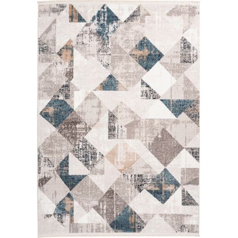 Tapis Géométrique à Franges "Akropolis II" Gris & Bleu 80 x 150 cm (1/4)