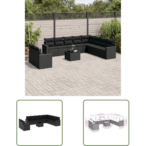 The Living Store 11-tlg. Garten-Sofagarnitur mit Kissen Schwarz Poly Rattan - Gartenmöbel - Outdoor Möbel - Rattan Sofa - Lounge Set - Esstisch