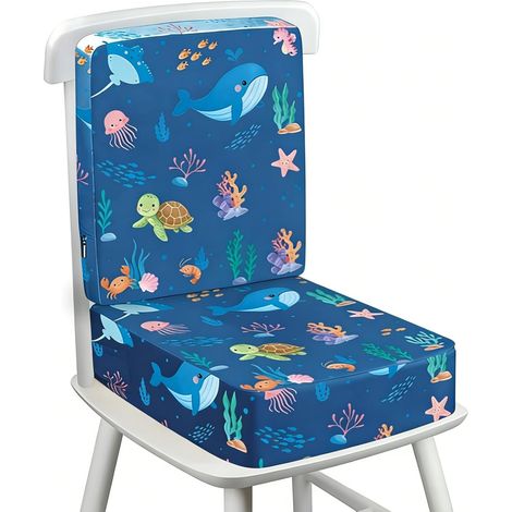 Rehausseur Chaise Enfant, Antidérapant Réhausseurs De Coussin Portable pour enfant avec Dossier et 3 Sangles de Sécurité Réglables, Lavable 36 x 32 x 10 cm - Sous la Mer (Bleu Marine)