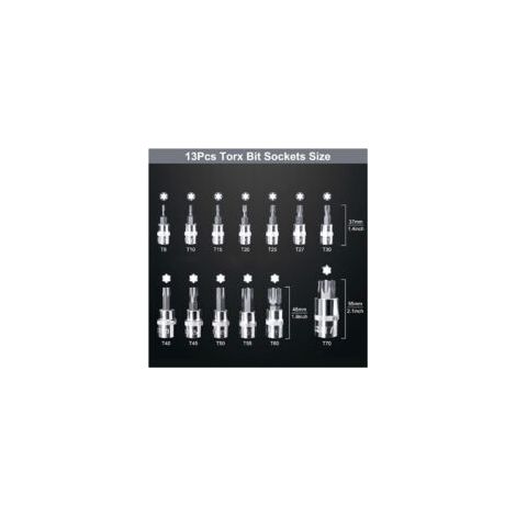 Set di 13 chiavi a bussola Torx maschio da 1/2", 1/4", 3/8", T8-T70 - Crezuo