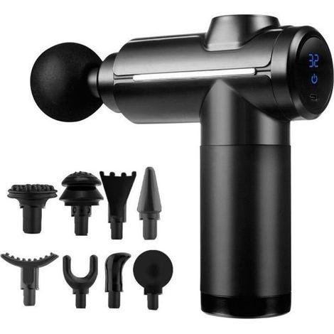 Pistolet massage tissus profonds mini masseur percussion, 32 vitesses écran tactile LCD 8 têtes noir (1/4)
