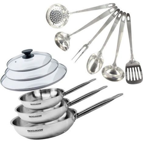 Set de 3 poêles 20, 24 et 28 cm en inox, 3 couvercles verre et 6 ustensiles inox Fackelmann Eterna (1/4)
