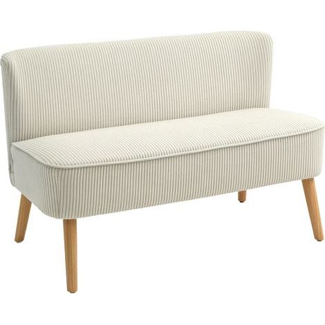 Canapé moderne 2 places sans accoudoirs en tissu capitonné aspect velours côtelé, petit canapé lounge avec pieds en bois massif pour salon, dimensions 117 x 56,5 x 77 cm, couleur blanc crème (1/5)