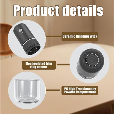 JSSEVN-Molinillo de café eléctrico, ajustes de molienda regulables, molinillo de café portátil, sistema de detección de resistencia integrado para viajes, camping y oficina. (1/3)