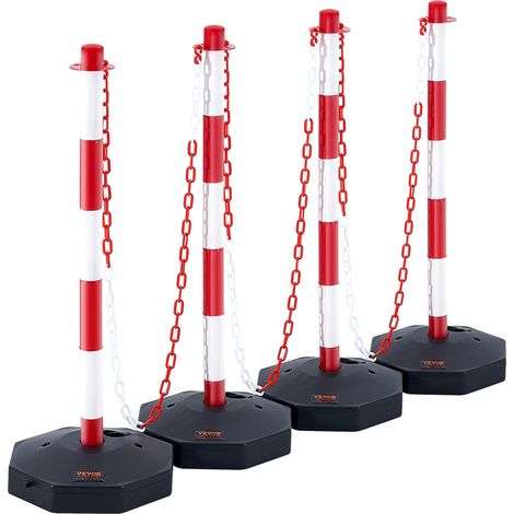 Mophorn – Poteau de signalisation 4PCS avec socle remplissable – Hauteur réglable 2,5m – Chaîne de 2,4m – Pour contrôle de circulation chantier parking rouge et blanc