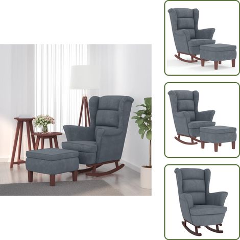 Chaise à bascule avec pieds en bois et tabouret Gris foncé - Fauteuil Relaxant - Chaise Balançoire - Fauteuil Velours - Mobilier Salon - Décoration Intérieur