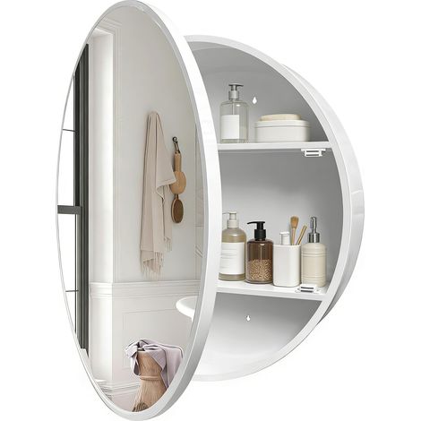 Armoire miroir ronde, cadre en aluminium, fer revêtu par pulvérisation, charnière hydraulique, miroir argenté sans cuivre, 71 cm, blanc (1/5)
