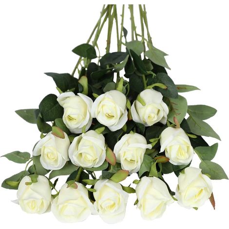Fleurs Artificielles, 12 Pcs Simple Longue Tige Faux Fleurs De Soie Rose Faux Rose Bouquet De Mariée Fleur Réaliste pour La Fête De Mariage Maison Décoration De Table Centres (Blanc) (1/5)