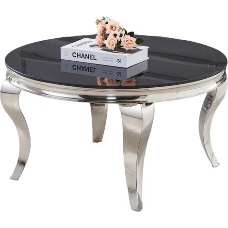 Table Basse BAROQUE Ronde Plateau Verre Trempé Noir Structure Chrome D80x45cm