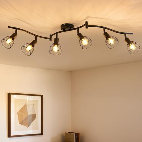 Plafonnier 6 Spots LED Orientable E14, Éclairage da Plafond Noir Métal Spots et Rails de Spot, Industriel Luminaire Plafonnier Intérieure pour Cuisine Salon Couloir Chambre, Sans Ampoule (1/5)