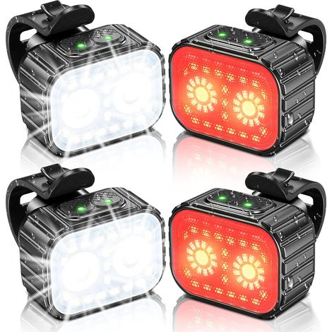 Lumiere Velo Avant et Arriere, 8 + 12 Modes d'Éclairage Lampe Vélo LED Étanche IPX6, USB Rechargeable Eclairage Velo pour Cyclysme VTT, VTC, Bicyclette, Longue Durée de Vie de la Batterie